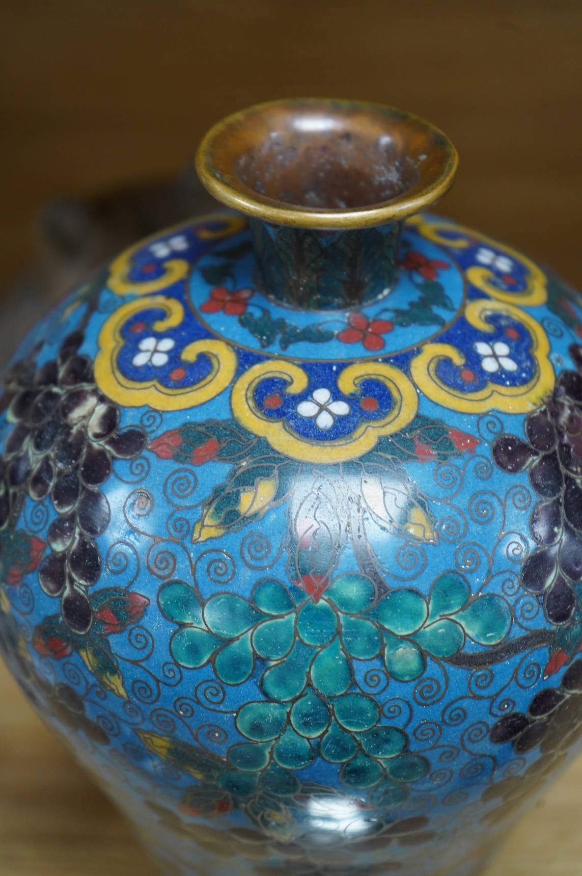 A late 19th / early 20th century Chinese cloisonné enamel 'Squirrel and vine' meiping, 27cm